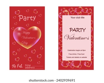Juego de tarjetas de invitación sobre un fondo rojo hecho de burbujas en forma de corazón y texto, gráficos vectoriales para el Día de San Valentín. Adecuado para invitaciones, propuestas, volantes y medios sociales.