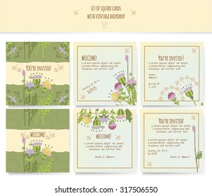 Set of invitation cards on vintage background, thank you card, save the date cards.