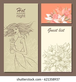 Set of invitation cards for a party with hand-drawn flowers and girl with cocktail