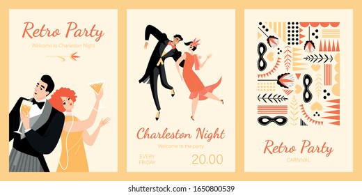 Set of invitation cards to a retro party in the style of the 1920s. Young people drink cocktails and dance in vintage costumes. Art deco decoration