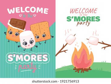 Set of invitation cards for Smores Day party kawaii face marshmallow and chocolate cartoon characters, flat vector illustration. Posters for Smores outdoor party.