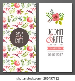 Set of invitation cards with watercolor flowers. Vector hand painted illustration.
