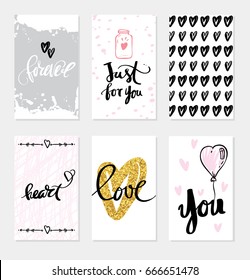 Set of invitation cards with watercolor flowers elements and calligraphic letters wedding