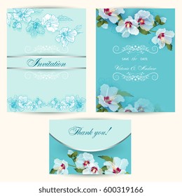 A set of invitation cards for a wedding with delicate white mallow flowers with an example of text in turquoise tones of light yellow background. There are masks of opacity