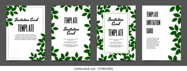 Set invitation cards. Wedding greeting card templates with tree branches with fresh green leaves on white background. Vector decorative invitation design.