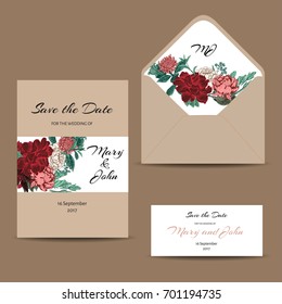 A set of invitation cards for the wedding. Postcards with floral ornament. Envelope, greeting card, business card, background in the style of full-color ornaments. Dahlias, Ruscus, Viburnum.