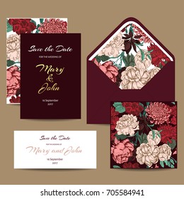 A set of invitation cards for the wedding. Postcards with floral ornament. Envelope, greeting card, business card, seamless background in the style of full-color ornaments.. Dahlias, Ruscus, Viburnum.