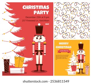 a set of an invitation to a Christmas party with a picture of a nutcracker and a greeting card. Invitation card template with vector illustration of simple shapes in red, brown and pink colors. Seamle