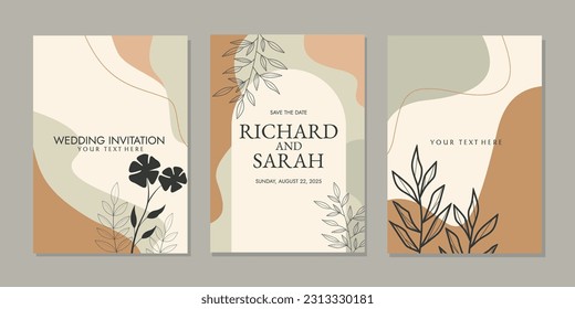 Set von Einladungs-Cover-Designs mit handgezeichnet Blumendekorationen. ästhetischer abstrakter Hintergrund. Pastellfarben Für Bücher, Karten, Einladungen, Bindemittel, Tagebücher, Planer, Broschüren, Notebooks, Katalog