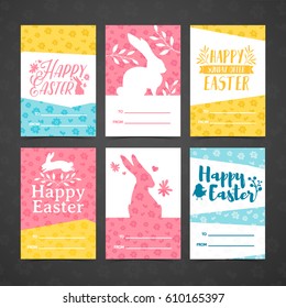 Set of invitation for easter. Template for the design of cards for the spring holiday of Happy Easter party . Decor with a floral pattern. Logos with silhouettes of rabbit, chick and plant. Vector.