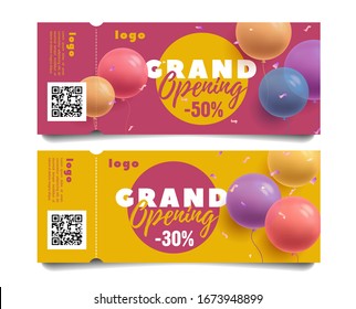 Set of invitation flyers or tickets for grand opening of shop or event with discount, round shape balloons 3d vector illustration and typography with torn-off side and qr code