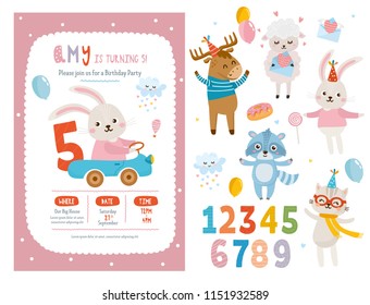 Set of invitation or greeting card design. Beautiful template with letters and numbers. Baby Shower collection. Sheep, rabbit, deer and cat animals. For baby birthday, party, invitation. 