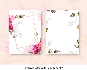 Set of Invitation or Greeting Card Design Decorated with Pink Flowers, Leaves and Space for Your Message on White Background.