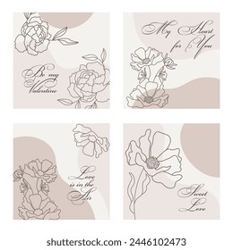 Set of invitation or greeting card template with outline flowers and leaves. Anniversary, birthday, wedding, party, poster set. Vector