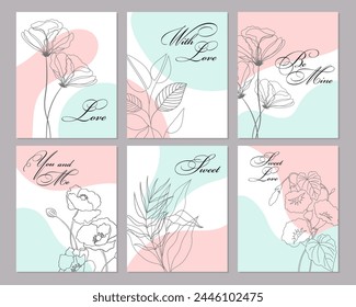 Set of invitation or greeting card template with outline flowers and leaves. Anniversary, birthday, wedding, party, poster set. Vector