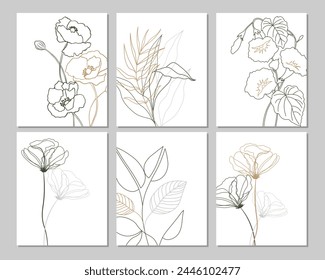 Conjunto de invitación o Plantilla de tarjeta de felicitación con flores y hojas de contorno. Aniversario, cumpleaños, boda, fiesta, cartel. Vector