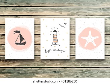 Set of invitation, greeting cards in marine style. Vector template of celebration design. Light inside you - quote.