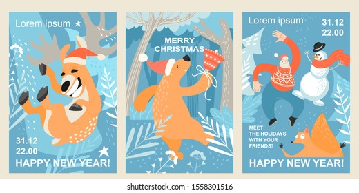Set of invitation and greeting cards for the New Year and Christmas with funny cartoon characters of Santa Claus, deer, bear, squirrel and snowman. Vector images in a flat style.