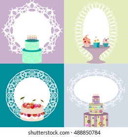 Set of invitation, postcard, logo templates with lacy frames and cakes