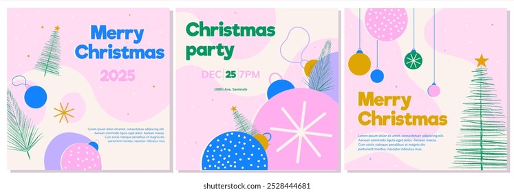 a set of invitation and postcard templates for Christmas. Vector illustration in a simple style with Christmas trees and Christmas balls in pink, blue and green colors.