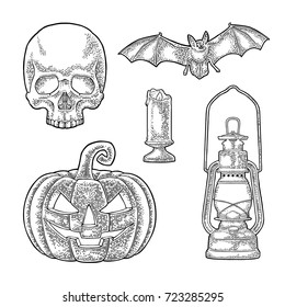 Set for invitation and poster Halloween. Pumpkin with scary face, flying bat, human skull, burning candle . Vector black vintage engraving illustration. Isolated on white background