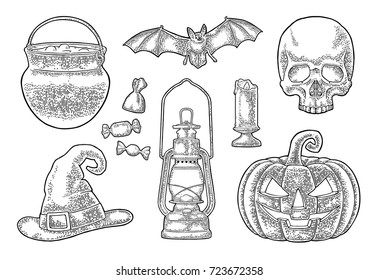 Set for invitation and poster Halloween. Pumpkin with scary face, bat, skull, burning candle, witch hat, candy, cauldron. Vector black vintage engraving illustration isolated on white background