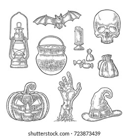 Set for invitation and poster Halloween. Pumpkin with scary face, bat, skull, bag, candle, witch hat, candy, hand, cauldron. Vector black vintage engraving illustration isolated on white background