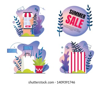 Set Invitation Poster is Written Summer Sale. Special Hot Sale and Offer Consumer Goods at Bargain Price in Online Stores and Shopping Centers. Eco Shopping Bags, Home Delivery, Cartoon.
