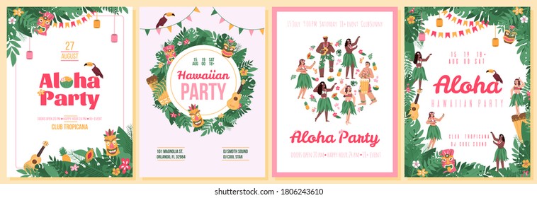 Set of invitation posters for Hawaiian Aloha party with characters of dancers and tropical plants, flat cartoon vector illustration. Summer party banners.