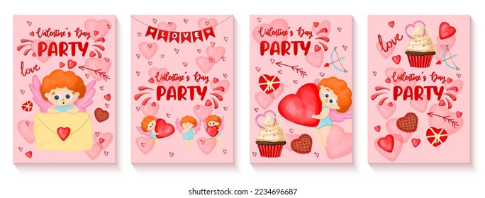 A set of invitation posters for the Valentine's party on February 14th. Cute cupid invites you to a romantic party. Vertical format.