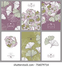 Set invitation template with hand drawn leafs ginkgo biloba and peony.