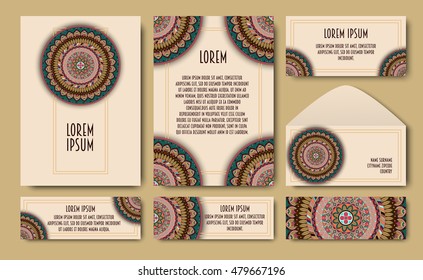 Set of invitation templates with colorful tribal mandalas. Ethnic wedding and invitation cards. Vector illustration.