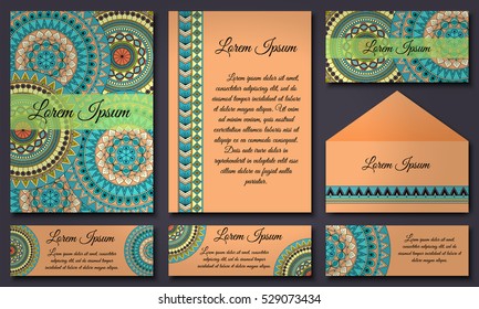 Set of invitation templates with colorful tribal mandalas. Ethnic wedding and invitation cards. Vector illustration.