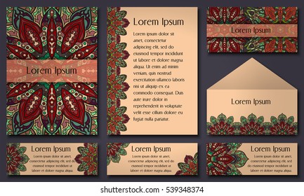 Set of invitation templates with colorful tribal mandalas. Ethnic wedding and invitation cards. Vector illustration.