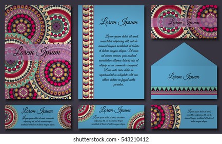 Set of invitation templates with colorful tribal mandalas. Ethnic wedding and invitation cards. Vector illustration.