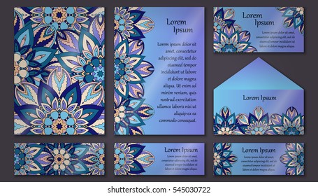Set of invitation templates with colorful tribal mandalas. Ethnic wedding and invitation cards. Vector illustration.