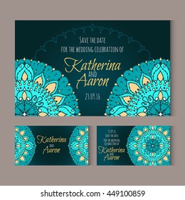 Set of invitation wedding cards. Circular patterns decor on cards. Vector Mandala.