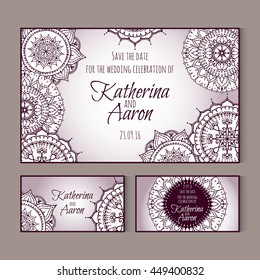 Set of invitation wedding cards. Circular patterns decor on cards. Vector Mandala.