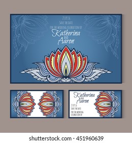 Set of invitation wedding cards with lotus and place for text. Vector illustration.