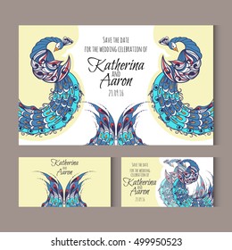 Set of invitation wedding cards with swans and place for text. Vector illustration.