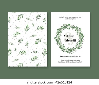 Set the invitation to the wedding with a green leaf. Flyer for the holiday with natural plants. Simple elegant illustration of a wedding.