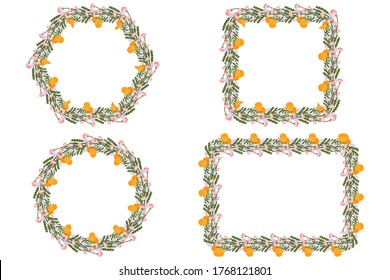Set of invitation wreath with lilac, dandelion, fern and pink flowers. Celebrate birthday, wedding floral template. Vintage vector ornament.
