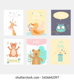 Set of invitations to baby shower, greeting card, giraffe, duck, owl, bear, soft toy and dummy. Vector illustration