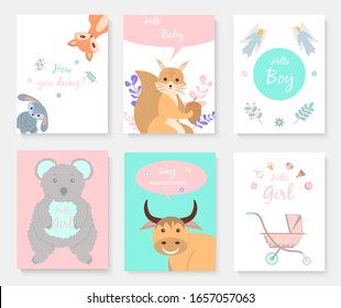 Set of invitations to baby shower, greeting card, koala, fox, hare, squirrel, cow, angel and pram. Vector illustration