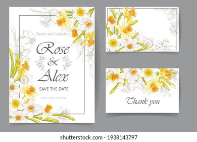 A set of invitations and business cards for a celebration, holiday, anniversary. Decorated with spring daffodils. Vector illustration in a flat style.
