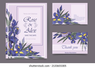 A set of invitations and business cards for a celebration, holiday, anniversary, decorated with iris flowers. Vector illustration in a flat style.