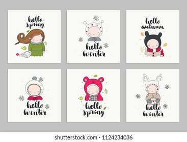 Set of invitations cards, posters, with children in cute beanies and hand drawn lettering - hello spring and winter, and autumn. Leaves and snowflakes. Vector illustrations.