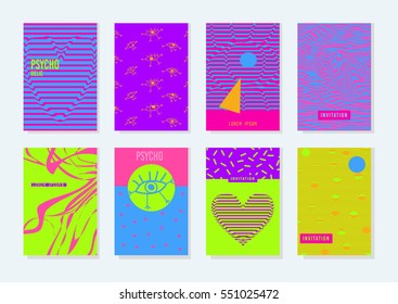 set invitations cards,psychedelic colors. Abstract set with geometric element, eyes, hearts. Template for greeting cards, stickers, planner, diary, Notes. 80-90s fashion style Memphis.Vector