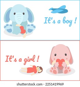 A set of invitations to a children's party with a cartoon blue elephant and a pink hare, toys on a blue and pink background. Gender party. Banner. It's a boy. It's a girl. Vector illustration