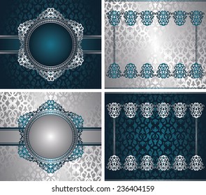 Set of invitations in different colors. Floral frame on vintage background. Luxury design     